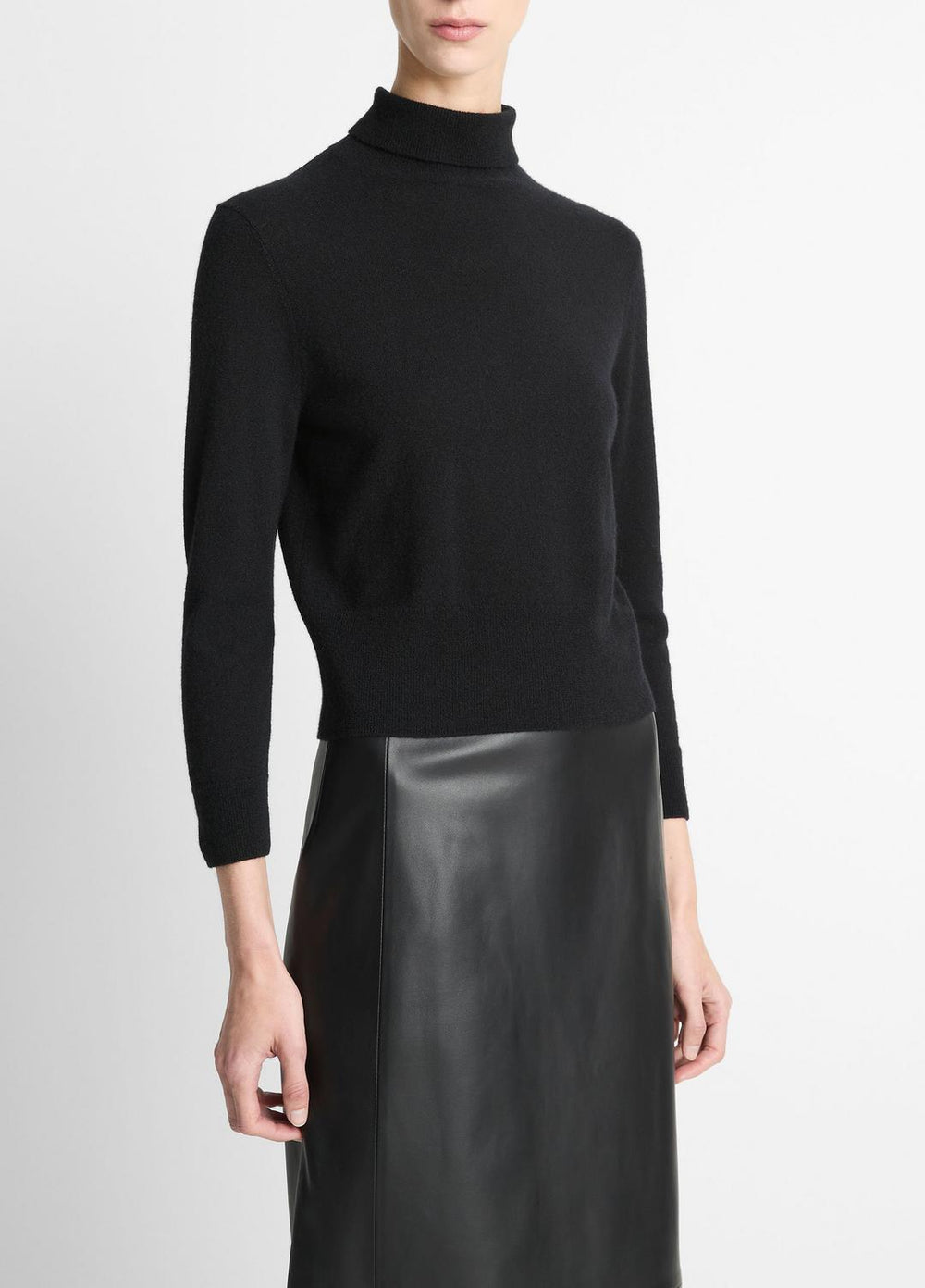 Cashmere-Silk Three-Quarter-Sleeve Mock-Neck Sweater in Turtleneck - BLACK