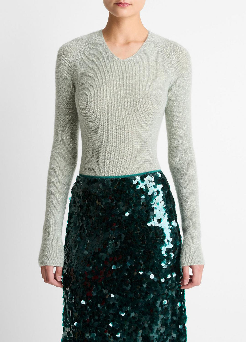 Metallic Ribbed High V-Neck Sweater in V-Neck - LIGHT ALOE STONE METALLIC