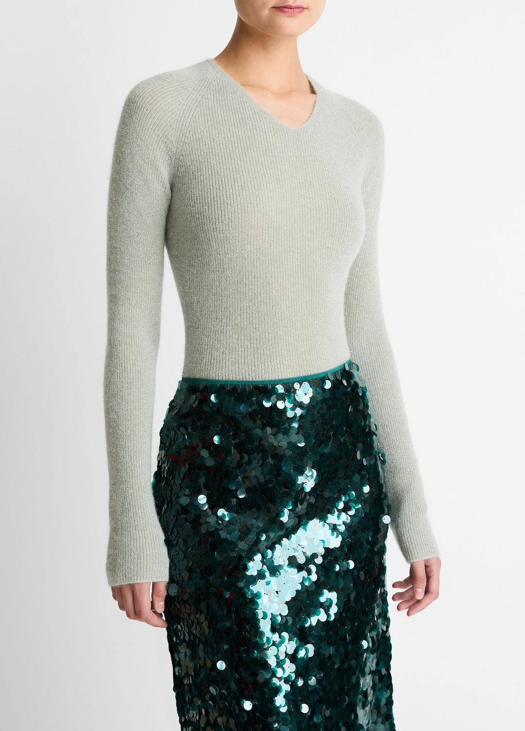 Metallic Ribbed High V-Neck Sweater in V-Neck - LIGHT ALOE STONE METALLIC