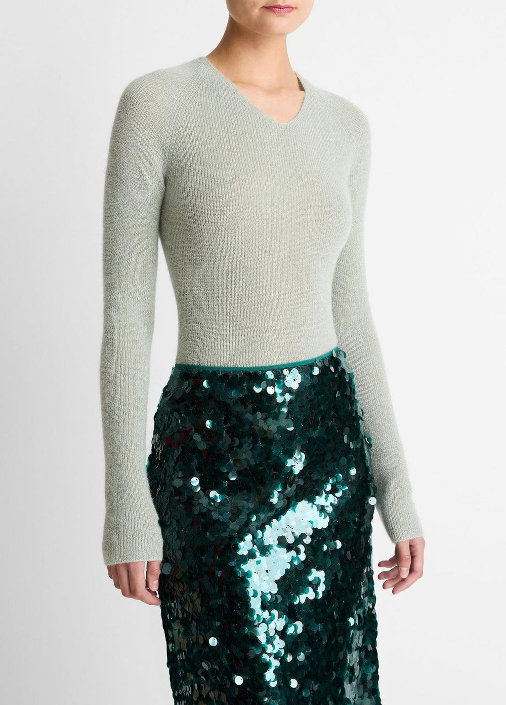 Metallic Ribbed High V-Neck Sweater in V-Neck - LIGHT ALOE STONE METALLIC