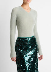 Metallic Ribbed High V-Neck Sweater in V-Neck - LIGHT ALOE STONE METALLIC