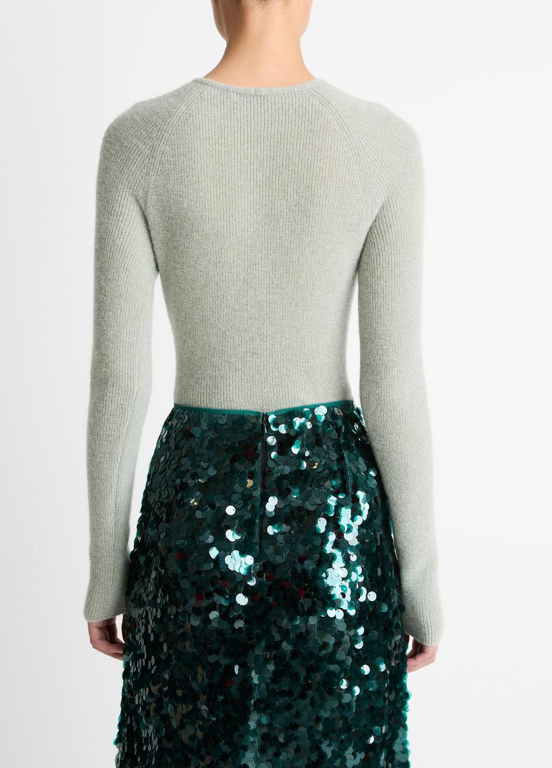 Metallic Ribbed High V-Neck Sweater in V-Neck - LIGHT ALOE STONE METALLIC