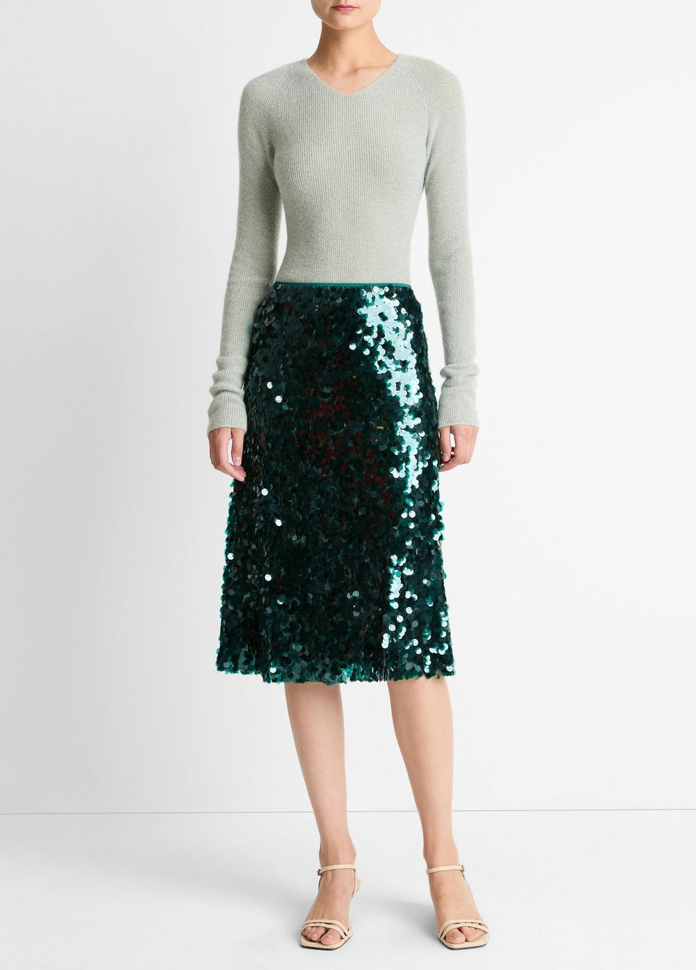 Metallic Ribbed High V-Neck Sweater in V-Neck - LIGHT ALOE STONE METALLIC