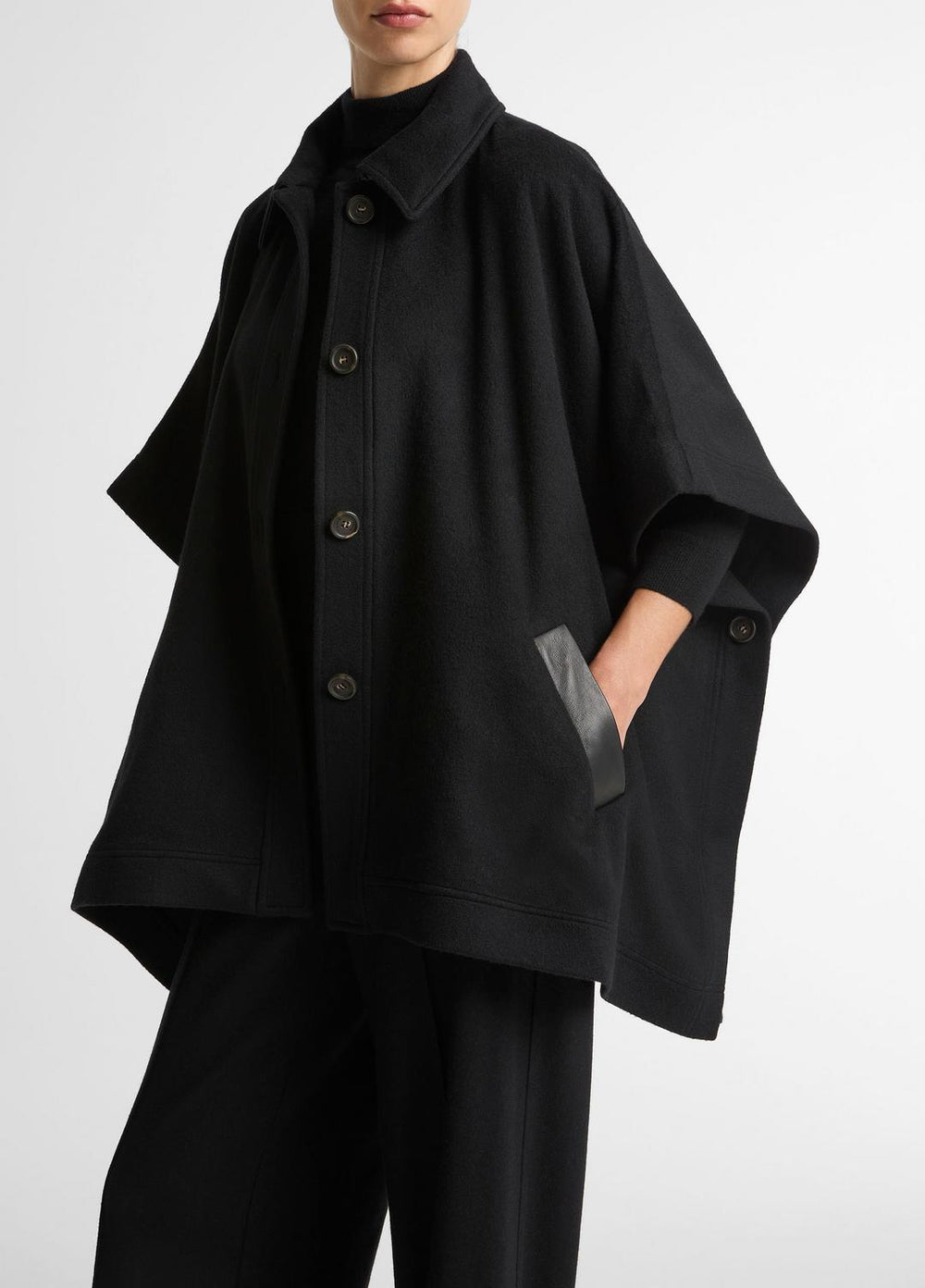 Leather-Trim Wool Cape in Accessories - BLACK