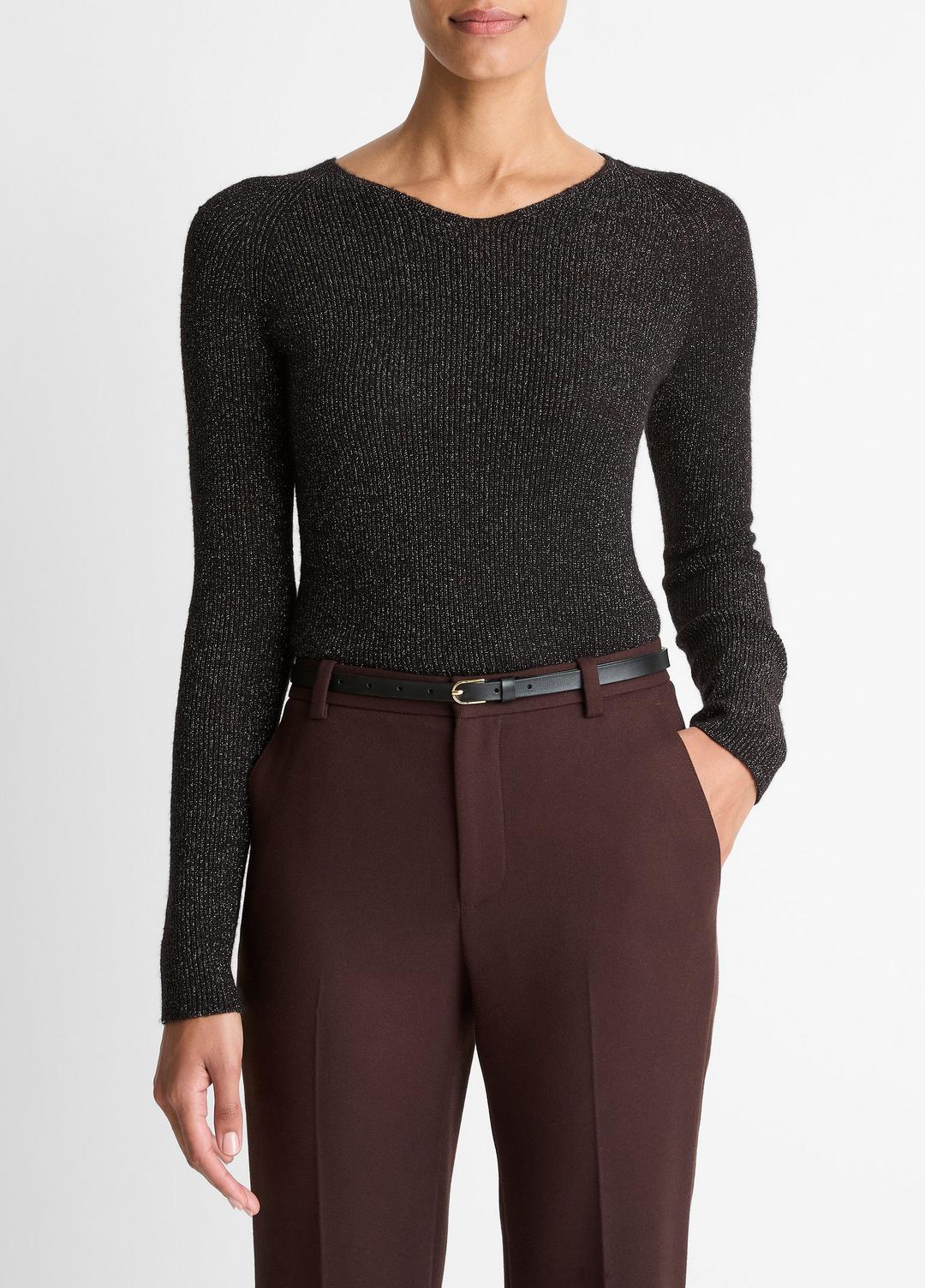 Metallic Ribbed High V-Neck Sweater in V-Neck - BLACK METALLIC