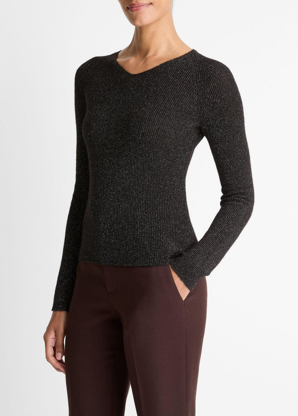 Metallic Ribbed High V-Neck Sweater in V-Neck - BLACK METALLIC