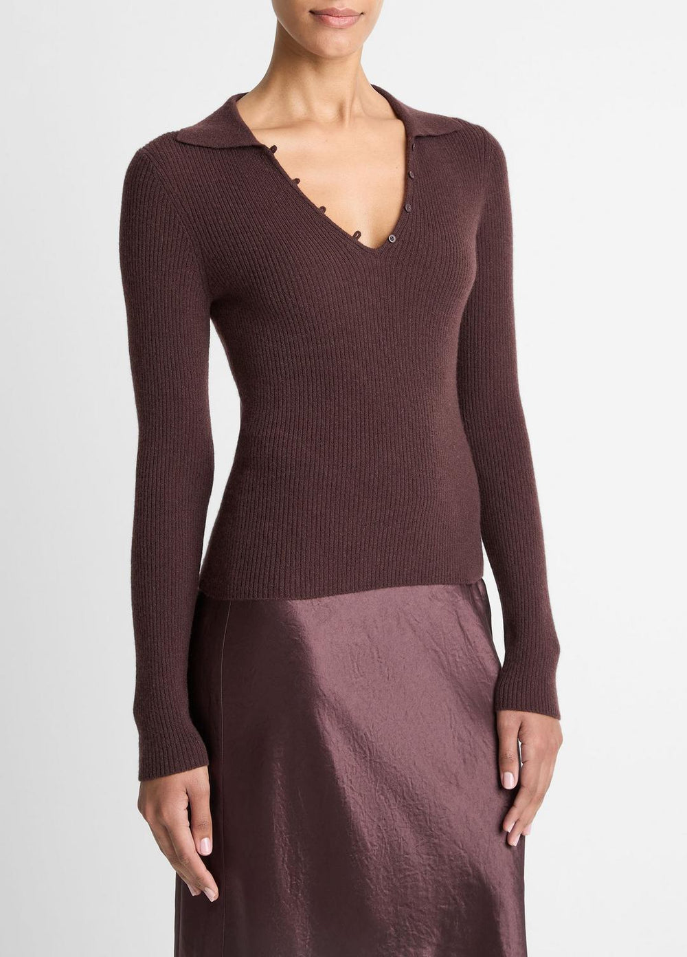 Ribbed Cashmere-Silk Polo Sweater in Cashmere - FIG