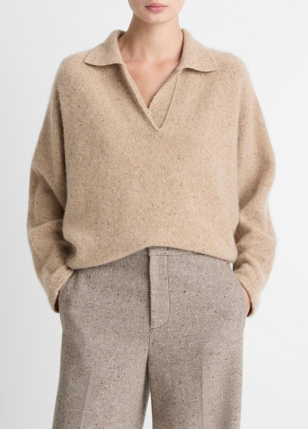 Donegal Plush Cashmere Dolman-Sleeve Polo Sweater in Cashmere - HEATHER OAT DONEGAL