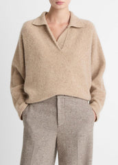 Donegal Plush Cashmere Dolman-Sleeve Polo Sweater in Cashmere - HEATHER OAT DONEGAL