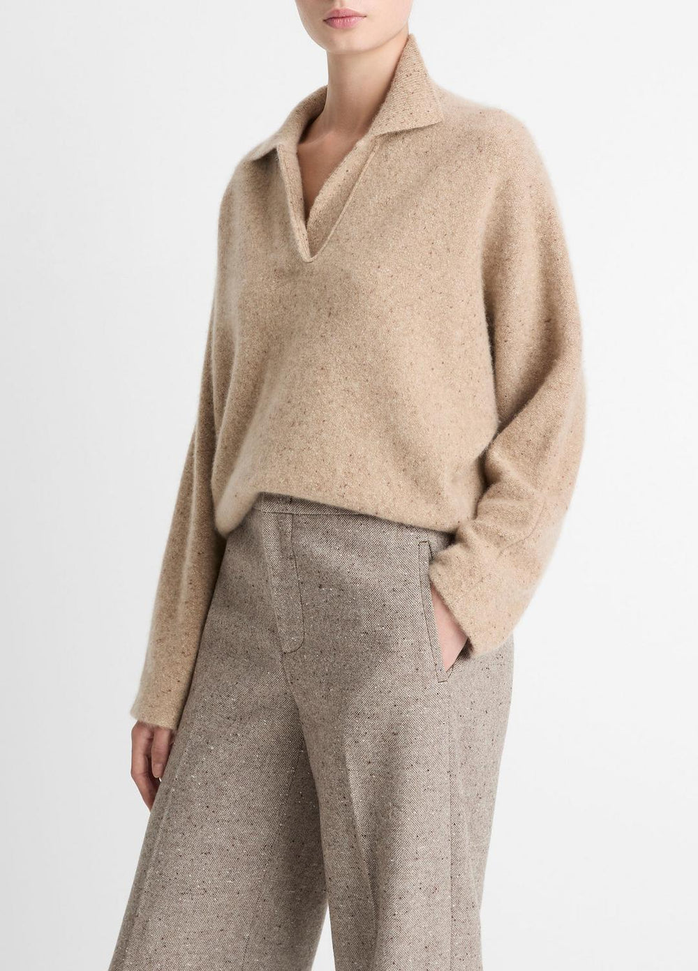 Donegal Plush Cashmere Dolman-Sleeve Polo Sweater in Cashmere - HEATHER OAT DONEGAL