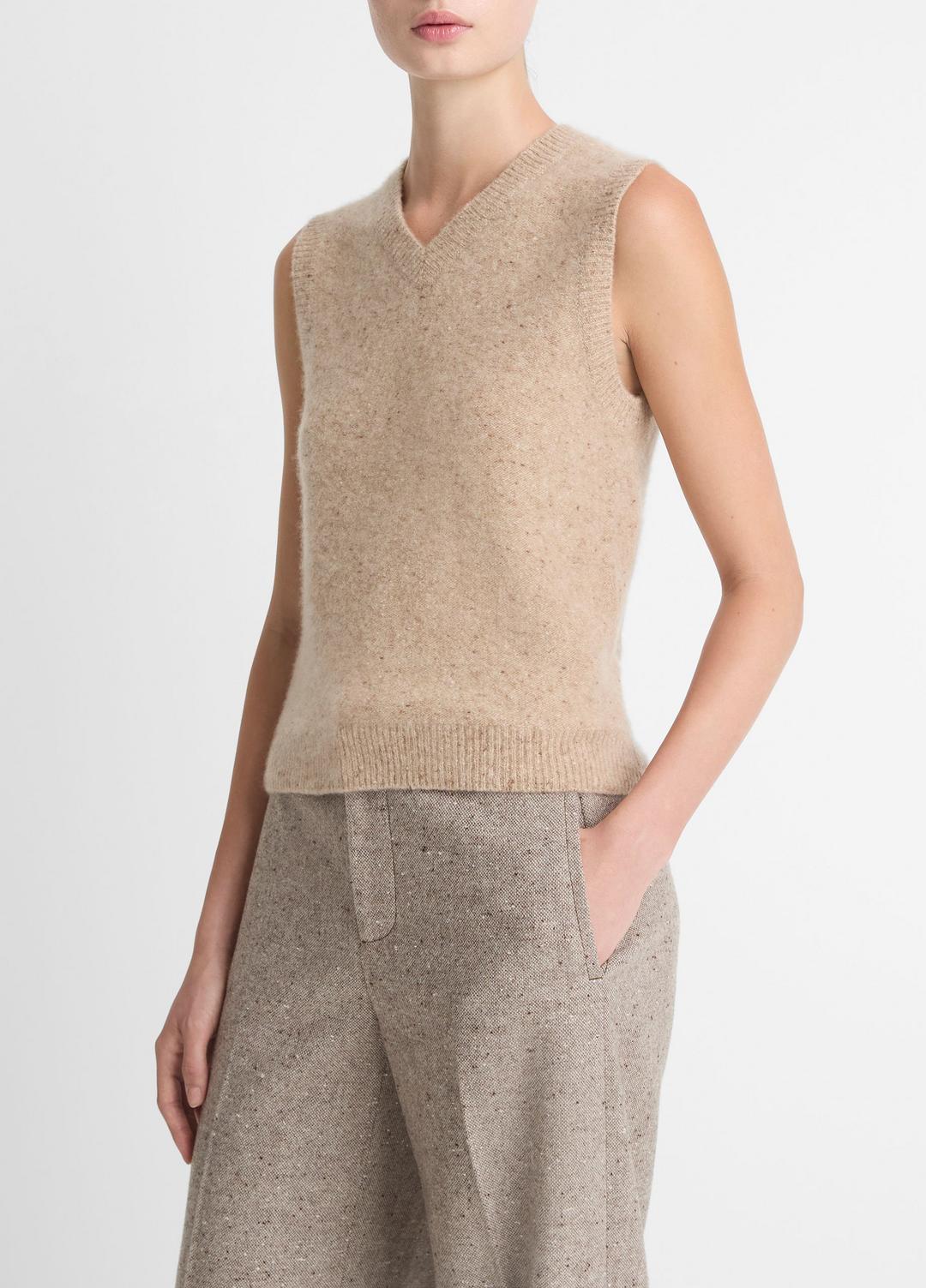 Donegal Plush Cashmere Sweater Vest in V-Neck - HEATHER OAT DONEGAL