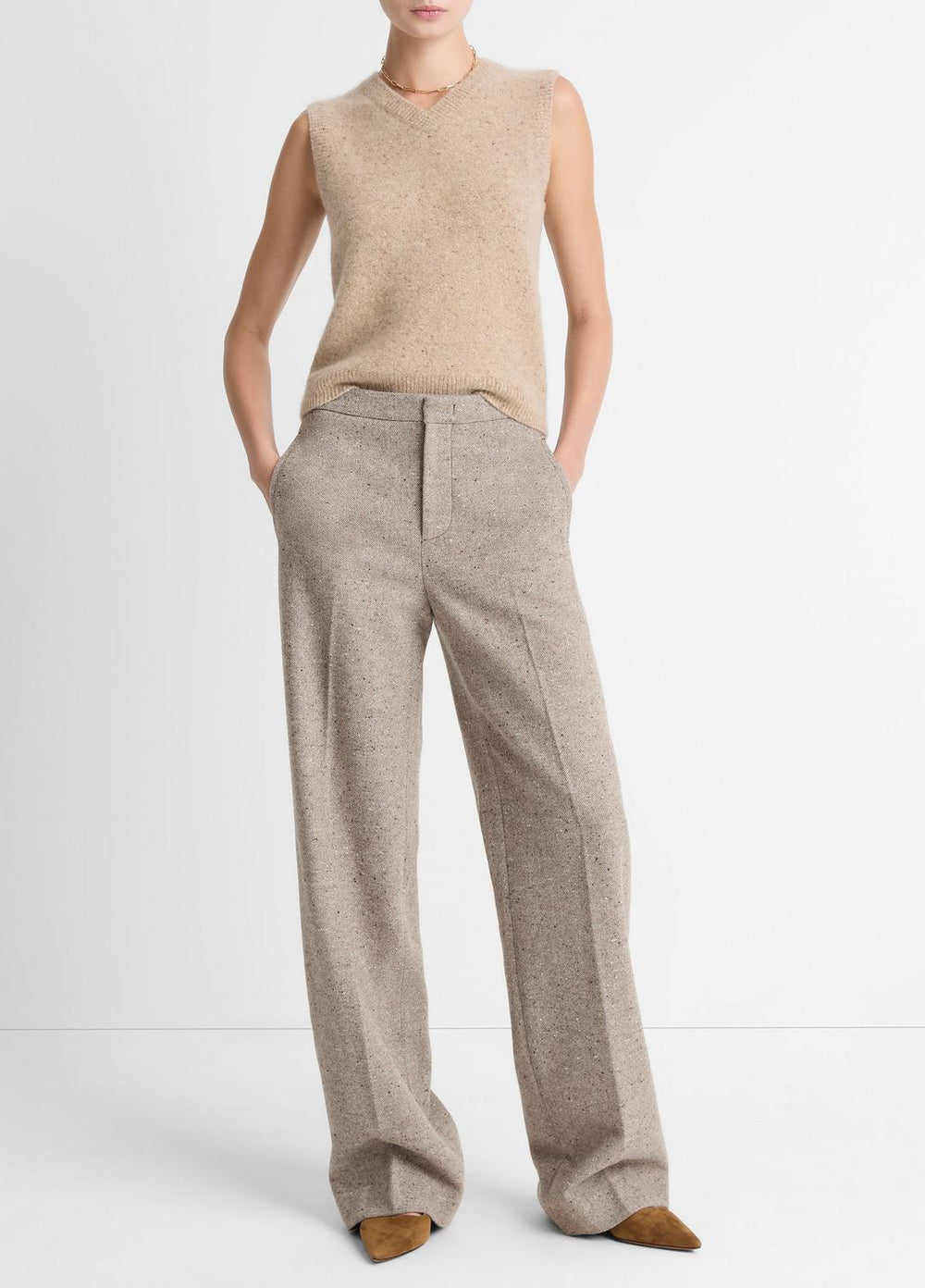 Donegal Plush Cashmere Sweater Vest in V-Neck - HEATHER OAT DONEGAL
