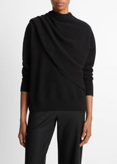Draped-Shawl Wool-Cashmere Sweater in Turtleneck - BLACK