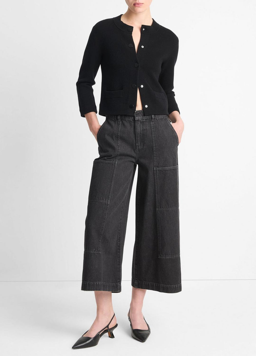 Wool-Blend Shrunken Snap Cardigan in Cardigans - BLACK