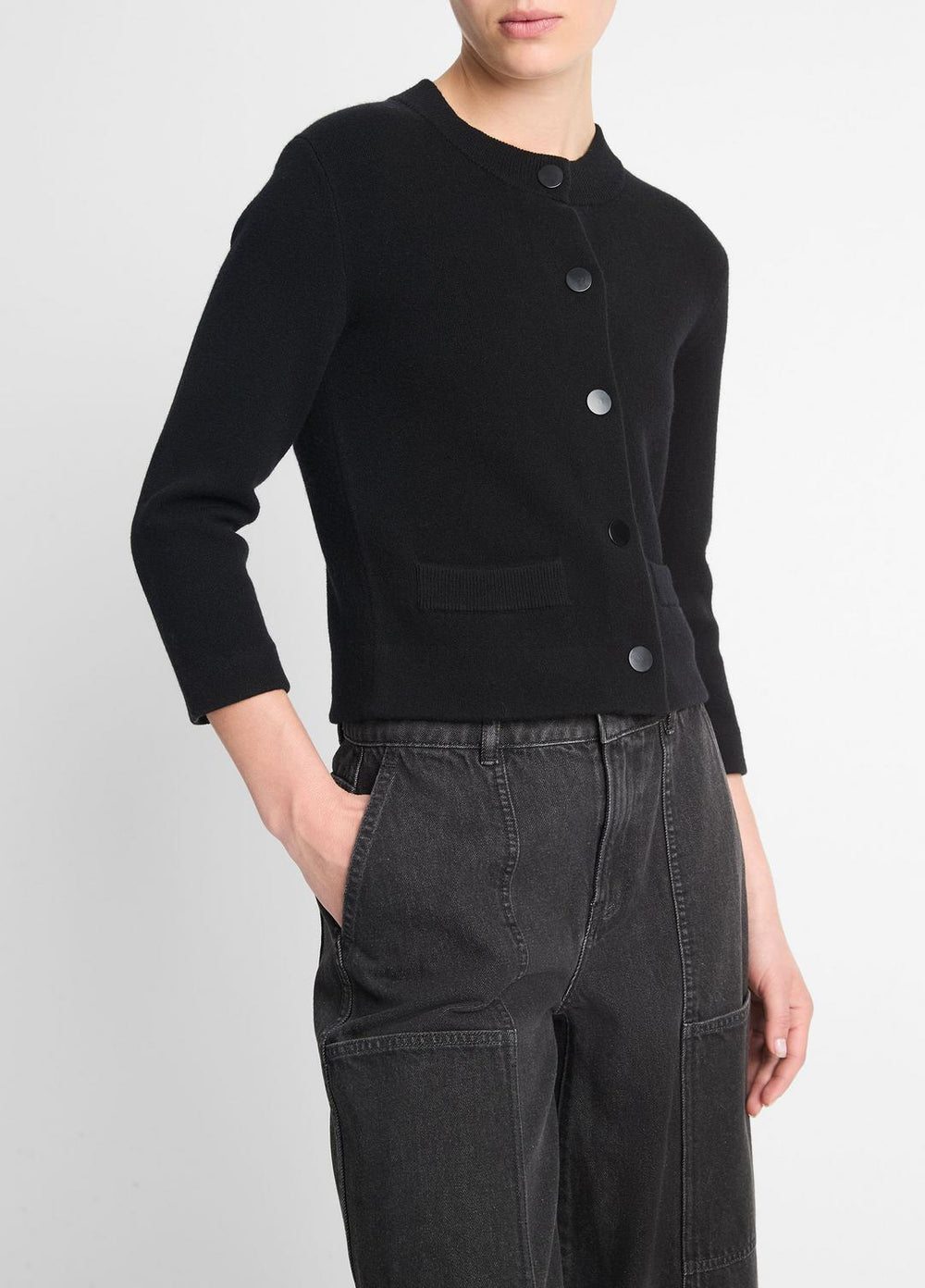 Wool-Blend Shrunken Snap Cardigan in Cardigans - BLACK