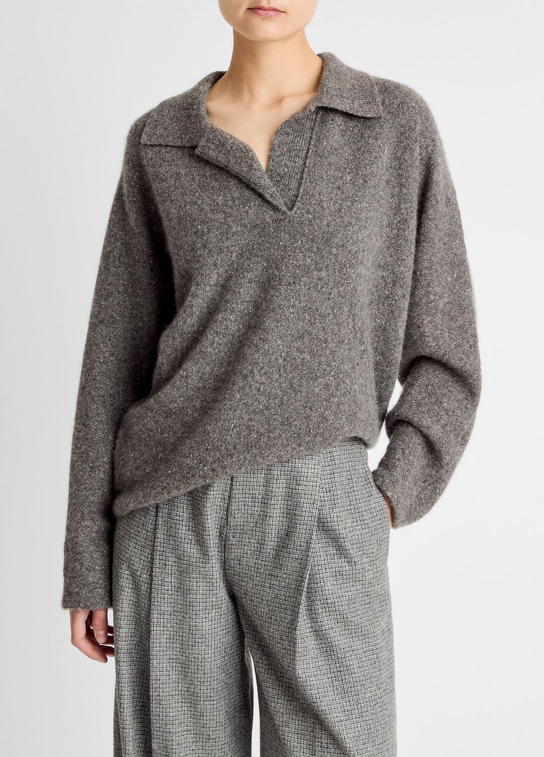 Donegal Plush Cashmere Dolman-Sleeve Polo Sweater in Cashmere - MEDIUM HEATHER GREY DONEGAL
