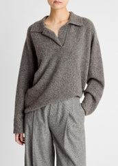 Donegal Plush Cashmere Dolman-Sleeve Polo Sweater in Cashmere - MEDIUM HEATHER GREY DONEGAL