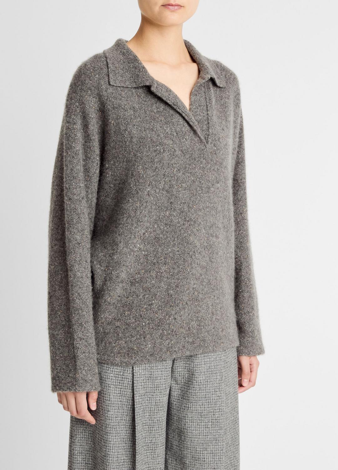 Donegal Plush Cashmere Dolman-Sleeve Polo Sweater in Cashmere - MEDIUM HEATHER GREY DONEGAL