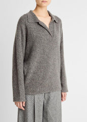 Donegal Plush Cashmere Dolman-Sleeve Polo Sweater in Cashmere - MEDIUM HEATHER GREY DONEGAL