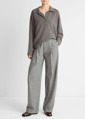 Donegal Plush Cashmere Dolman-Sleeve Polo Sweater in Cashmere - MEDIUM HEATHER GREY DONEGAL