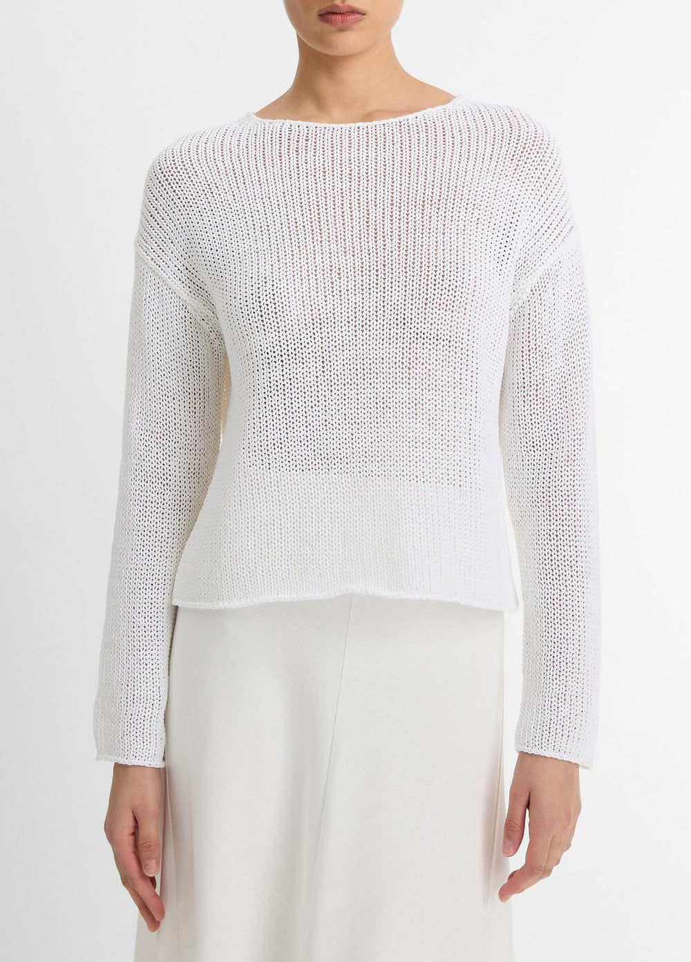 Italian Coated Cotton-Blend Sweater in Crew Neck - OPTIC WHITE
