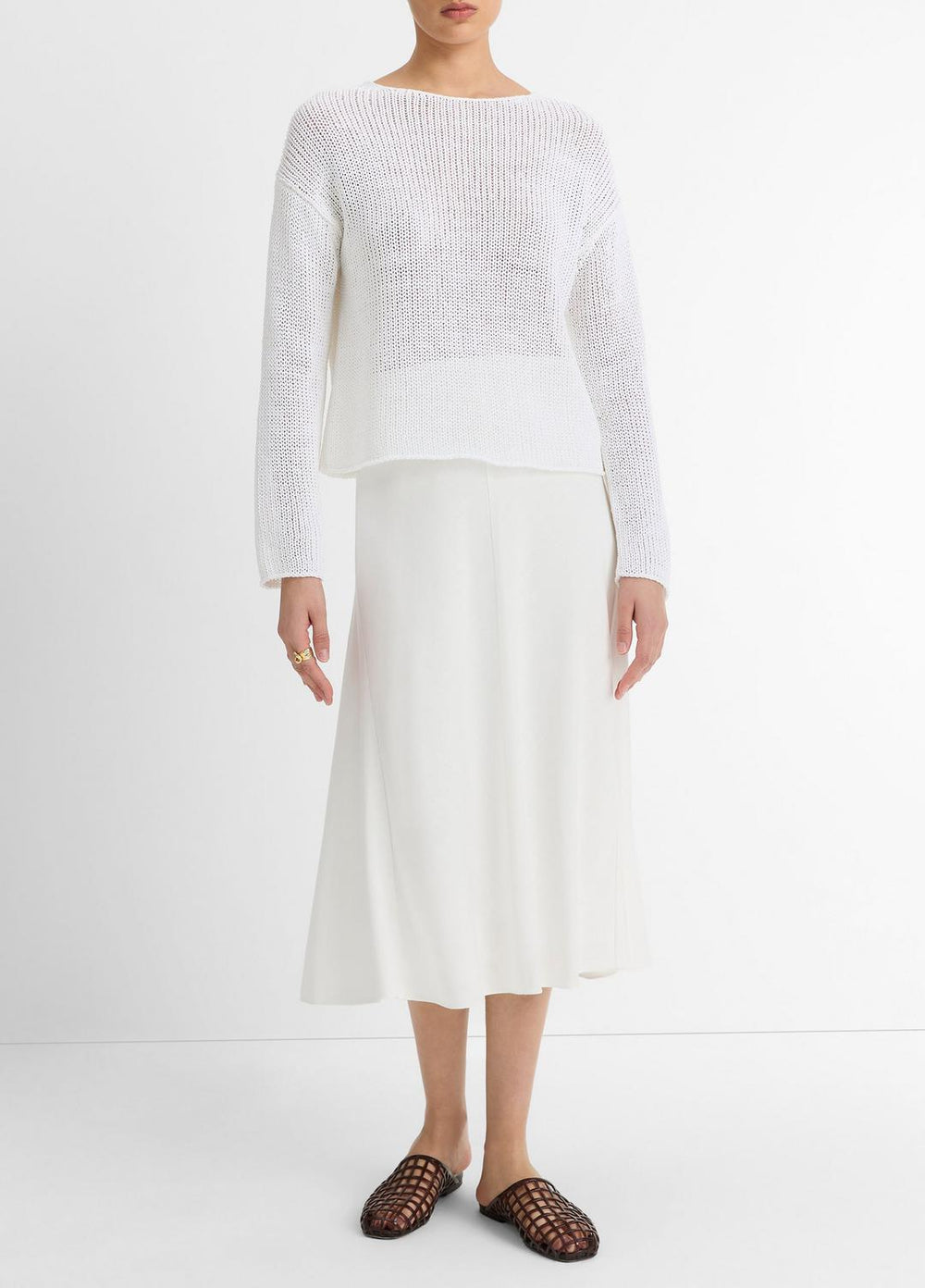 Italian Coated Cotton-Blend Sweater in Crew Neck - OPTIC WHITE