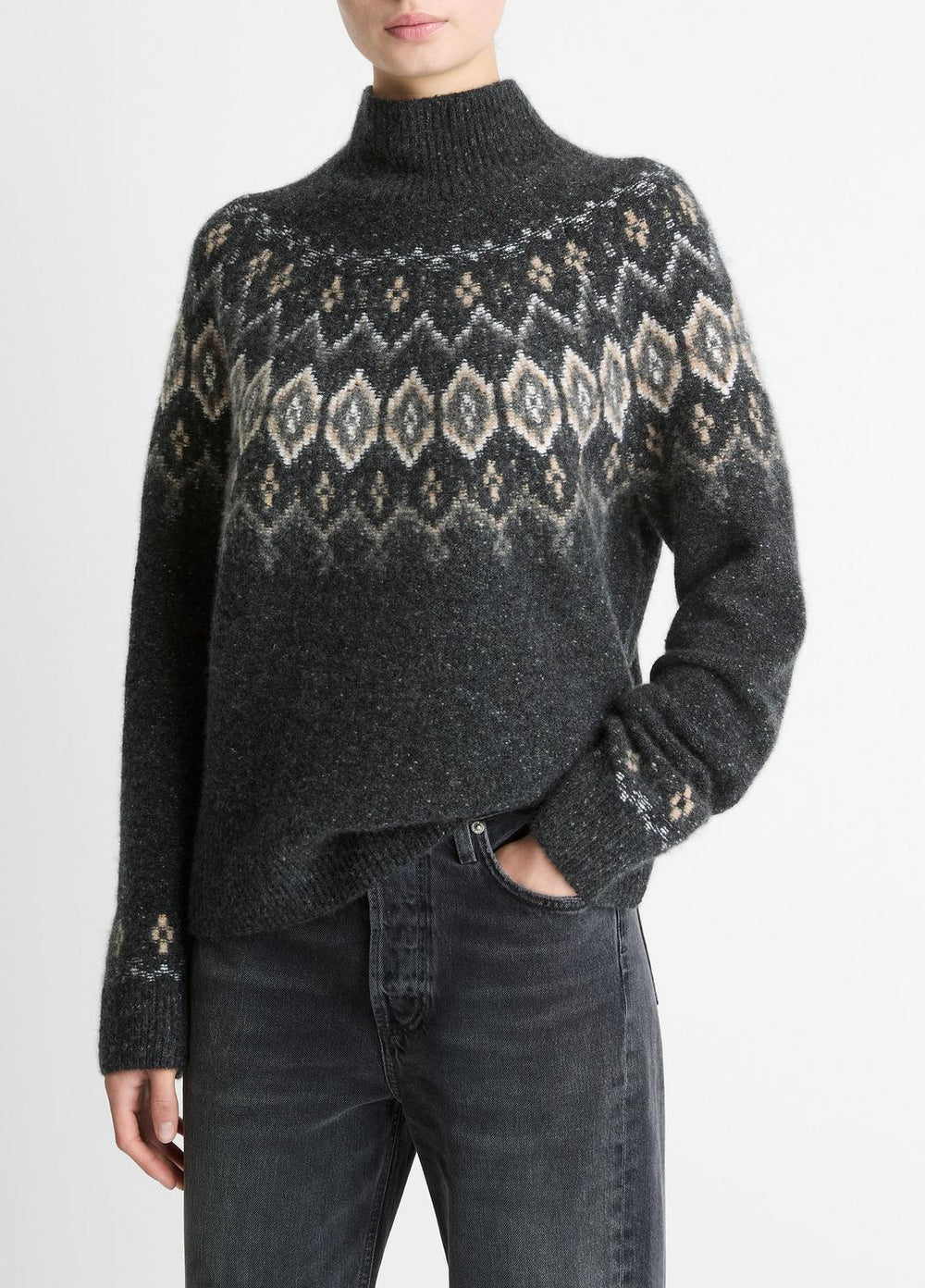 Fair Isle Donegal Cashmere Turtleneck Sweater in Turtleneck - HEATHER CHARCOAL COMBO