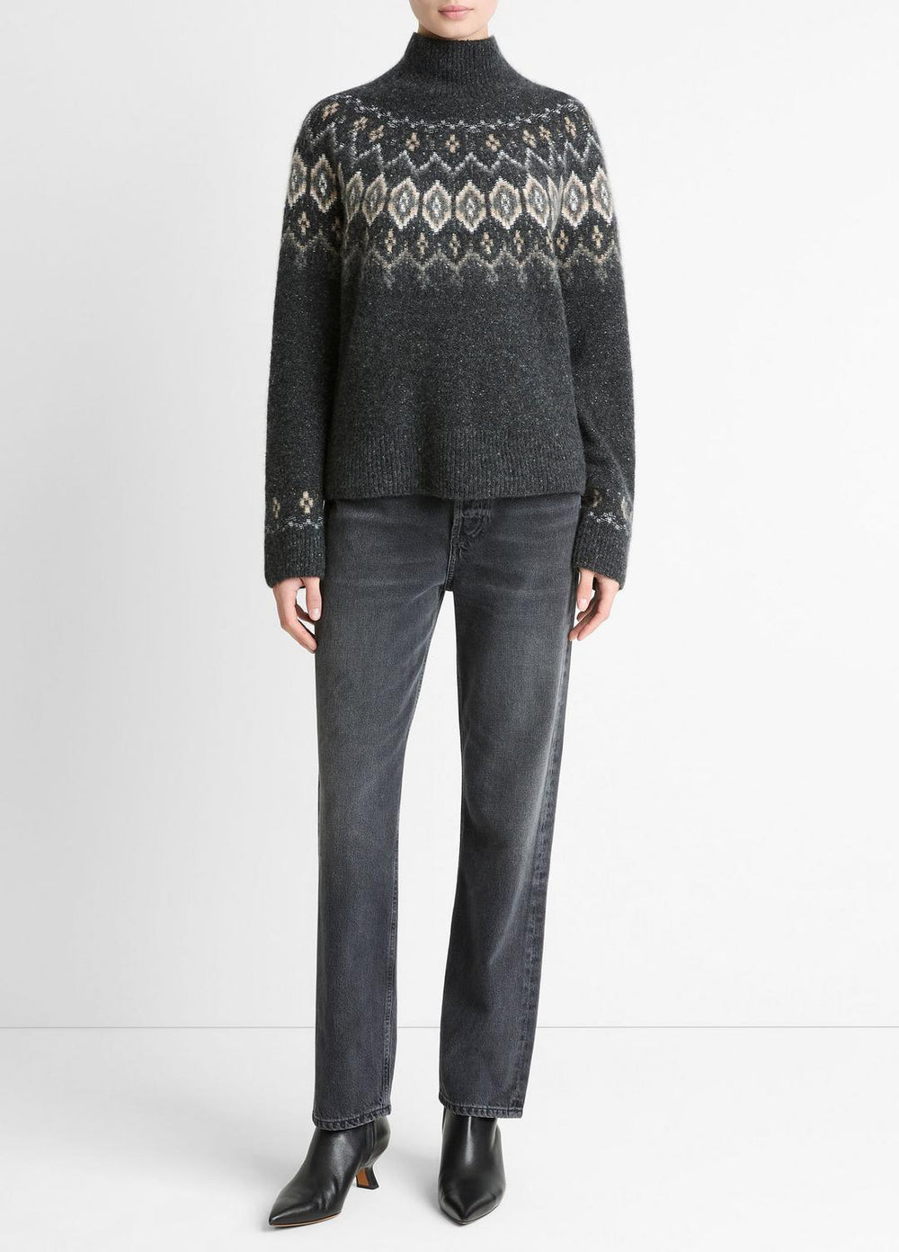 Fair Isle Donegal Cashmere Turtleneck Sweater in Turtleneck - HEATHER CHARCOAL COMBO