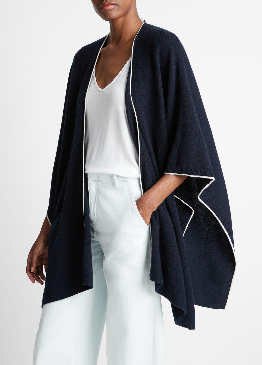 Tipped Jersey-Knit Cashmere Cape in Sweaters - COASTAL BLUE/WHITE