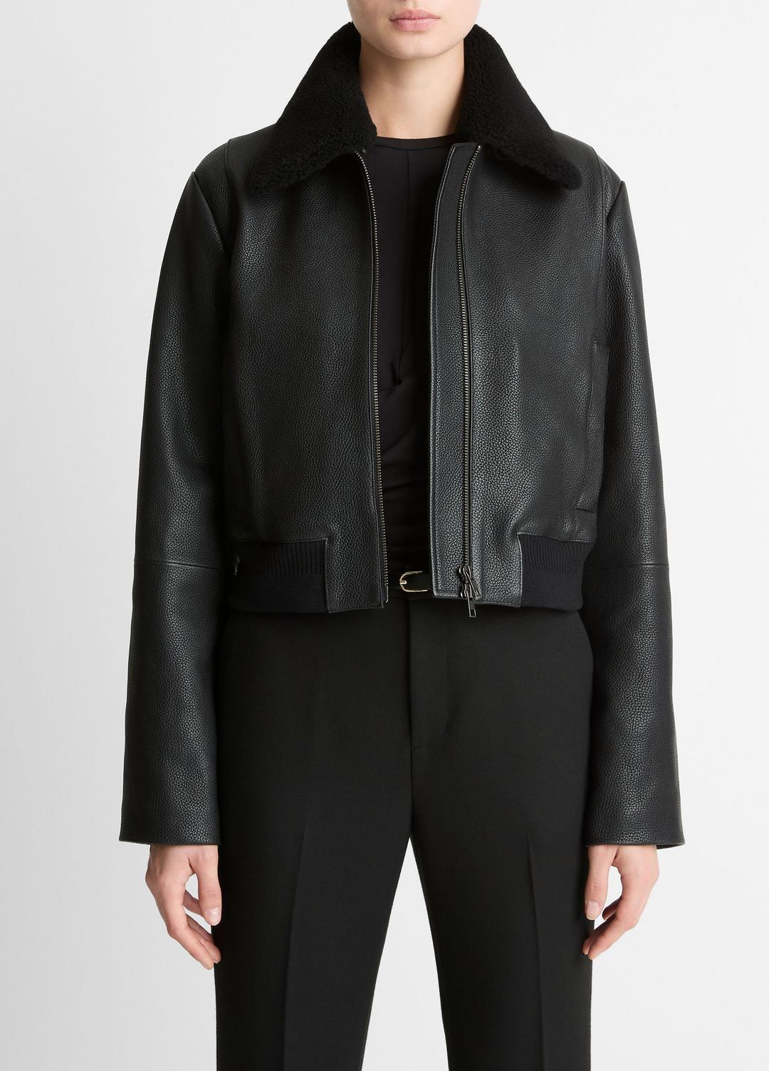 Shearling-Trim Shrunken Leather Jacket in Leather Jackets - BLACK