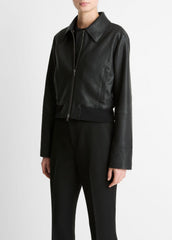 Shearling-Trim Shrunken Leather Jacket in Leather Jackets - BLACK