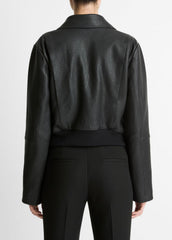 Shearling-Trim Shrunken Leather Jacket in Leather Jackets - BLACK