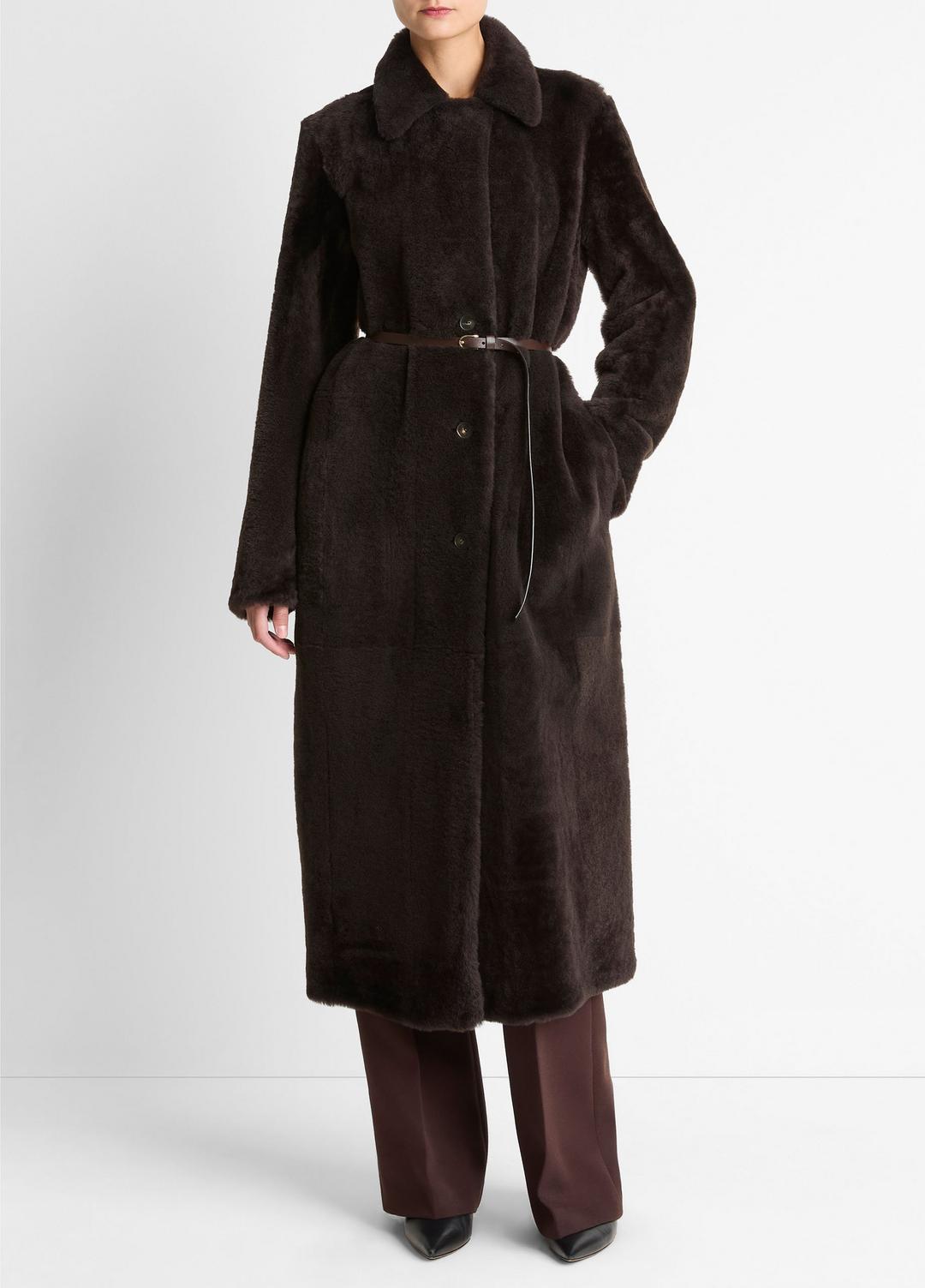Shearling Long Coat in Coats - DARK UMBER
