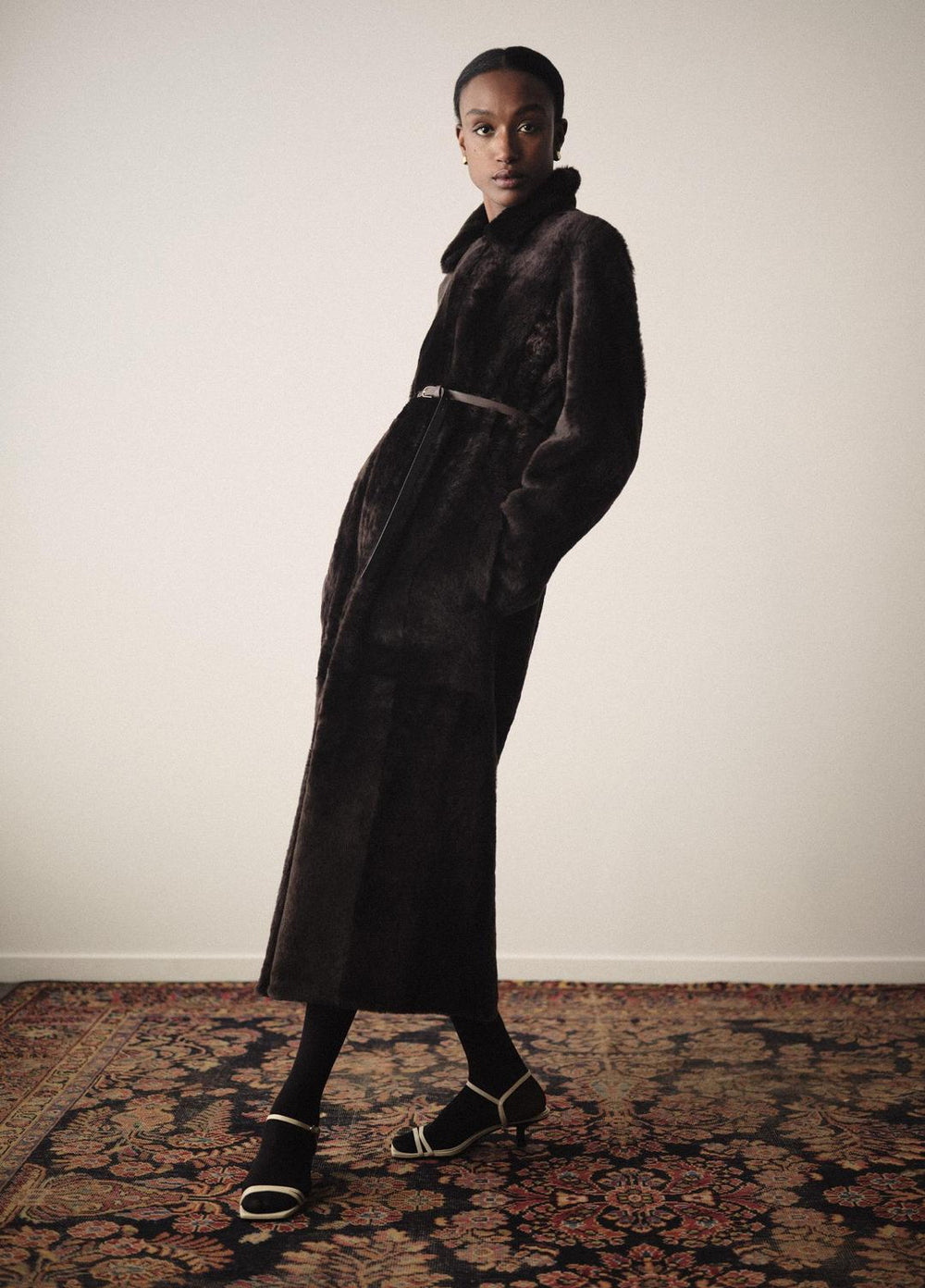 Shearling Long Coat in Coats - DARK UMBER