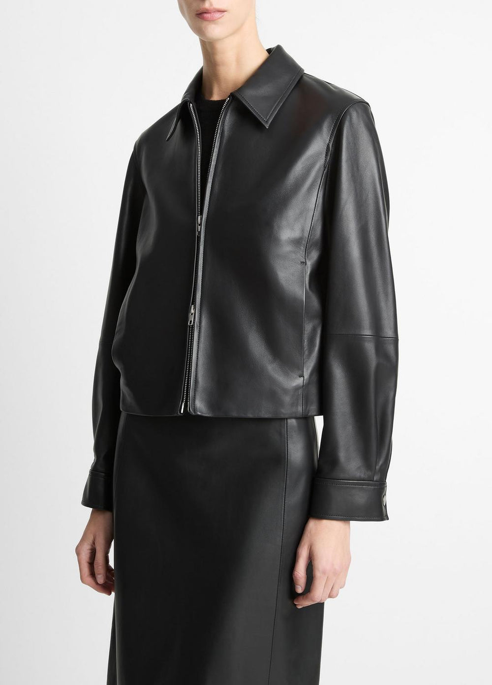 Leather Cropped Zip-Front Jacket in Jackets - BLACK