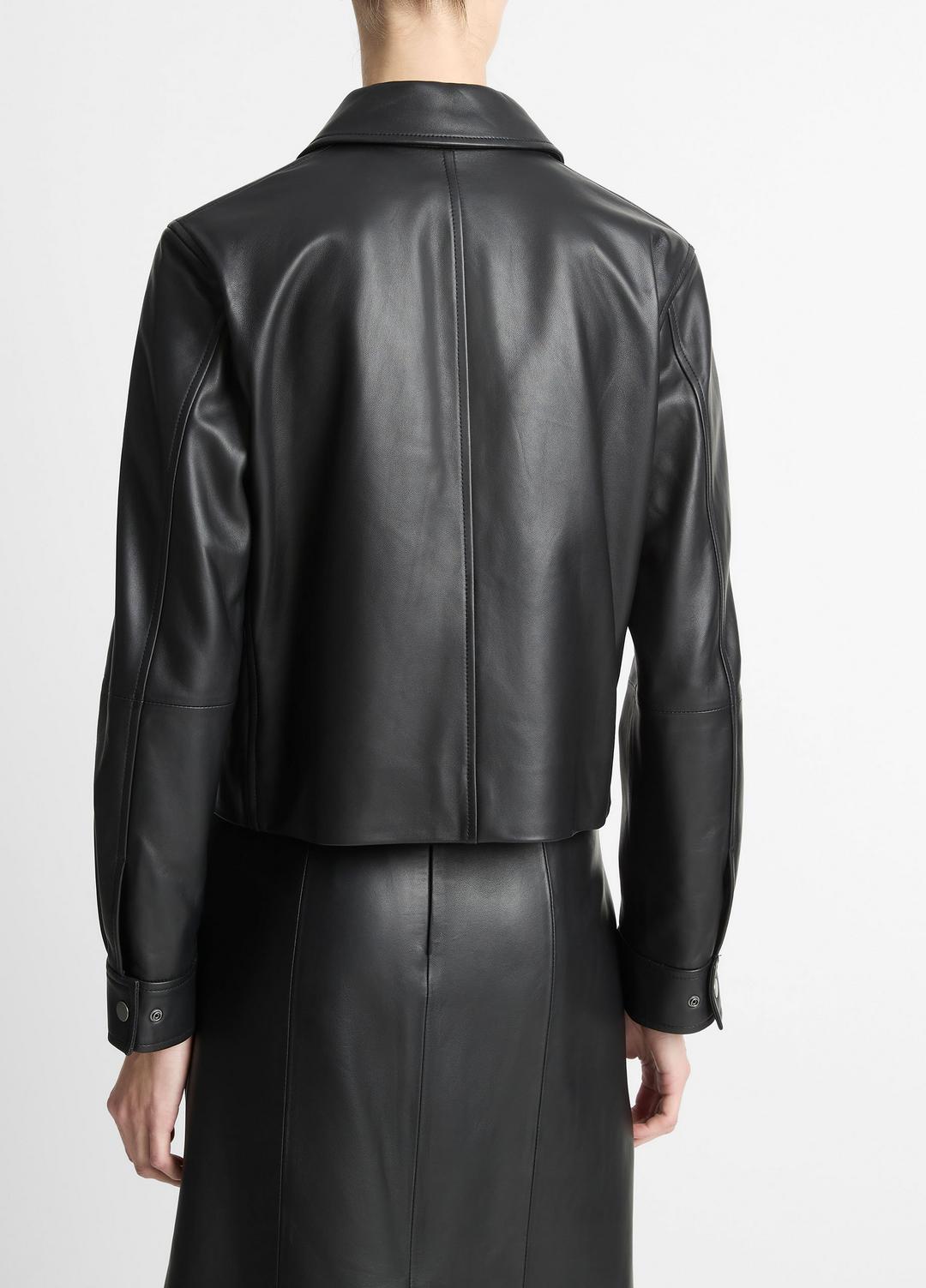 Leather Cropped Zip-Front Jacket in Jackets - BLACK