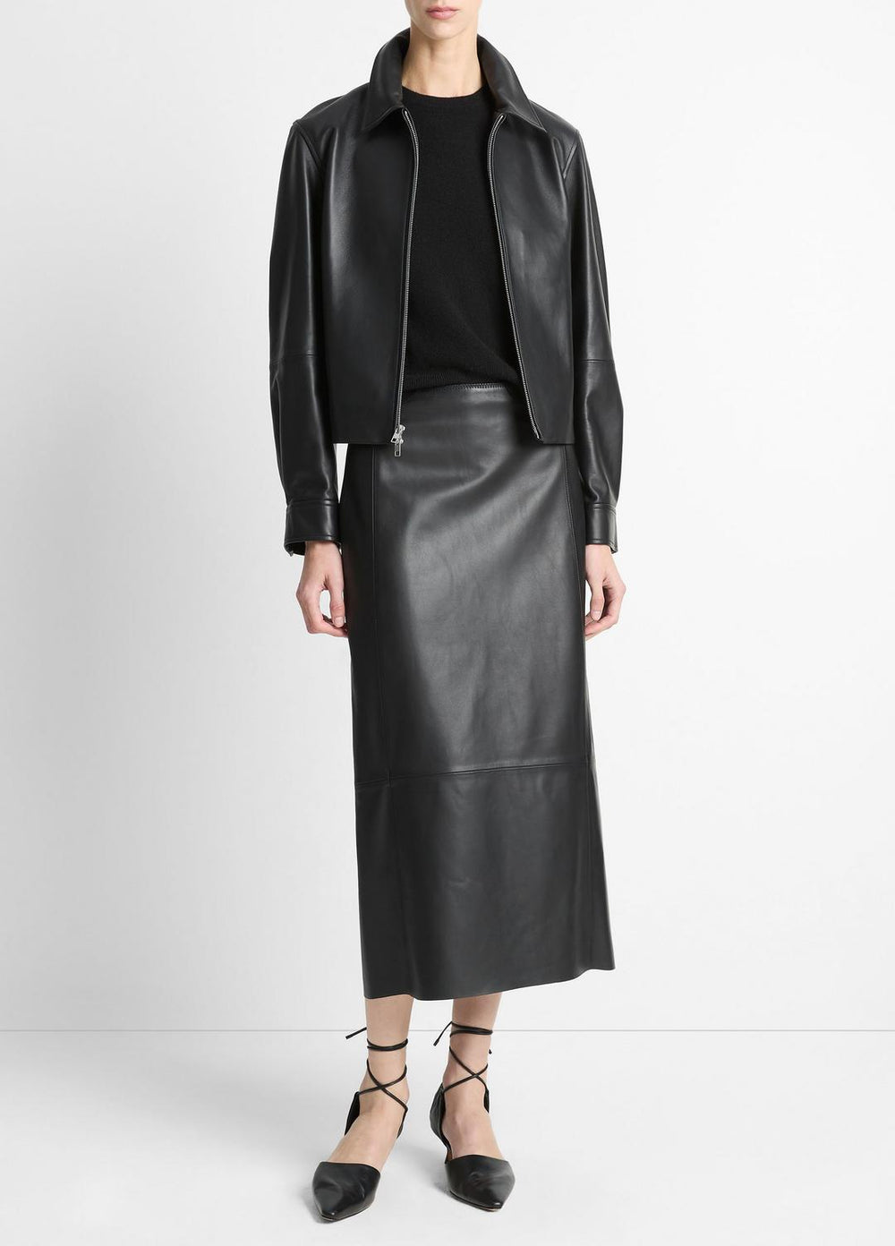 Leather Cropped Zip-Front Jacket in Jackets - BLACK