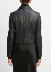 Leather Cross-Front Moto Jacket in Leather Jackets - BLACK