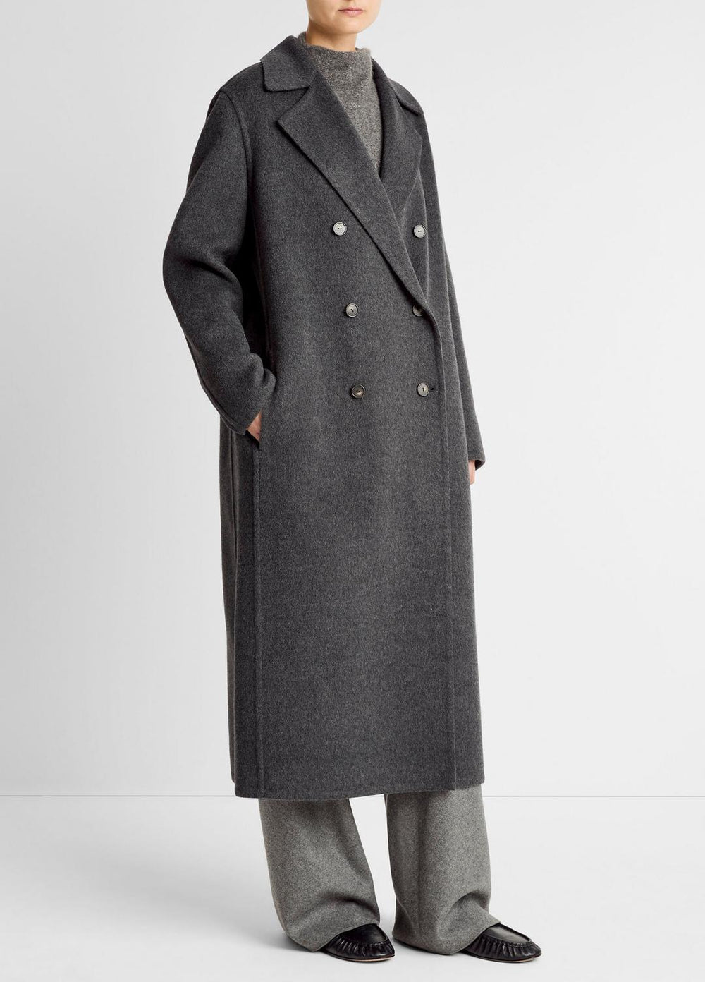 Wool-Blend Double-Breasted Long Coat in Coats - CHARCOAL