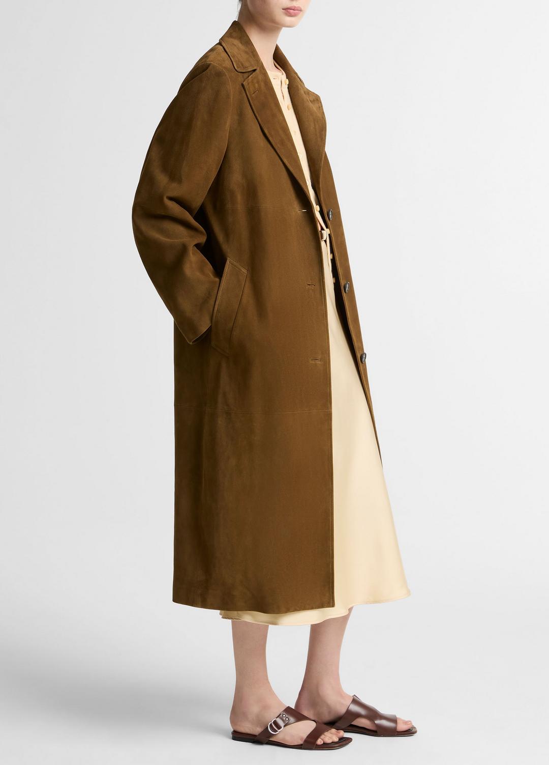 Suede Long Coat in Coats - WOOD MOSS