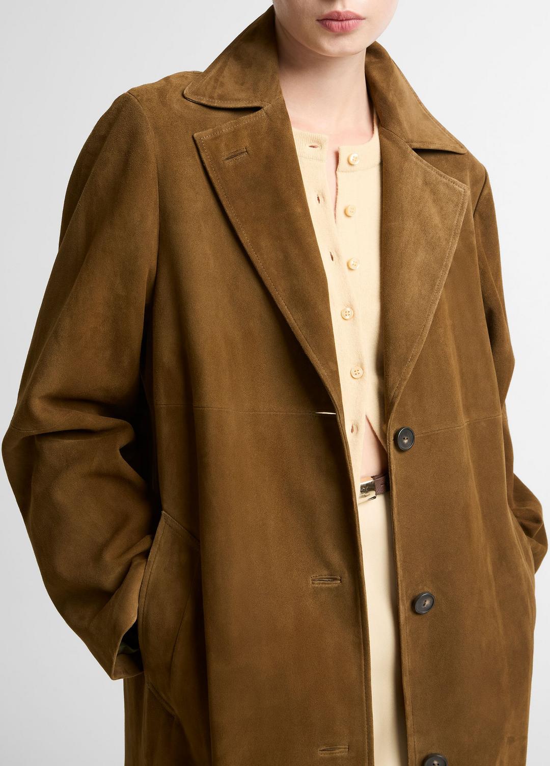 Suede Long Coat in Coats - WOOD MOSS