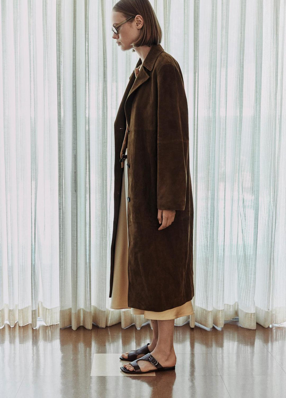 Suede Long Coat in Coats - WOOD MOSS