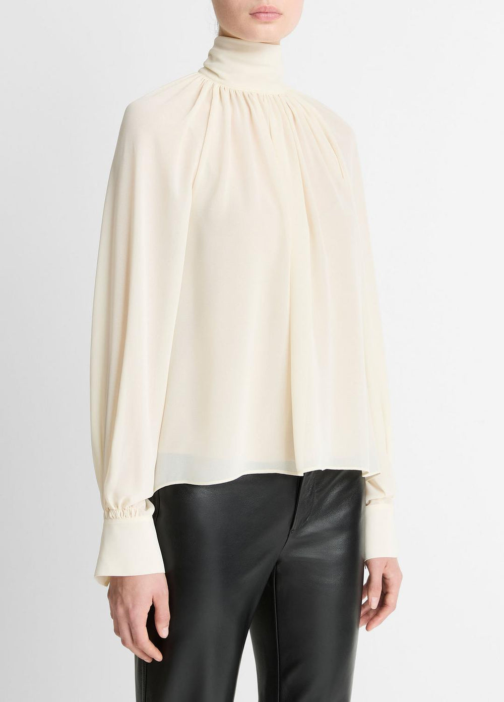 Gathered Draped-Neck Crepe Blouse in Long Sleeve - CREAM