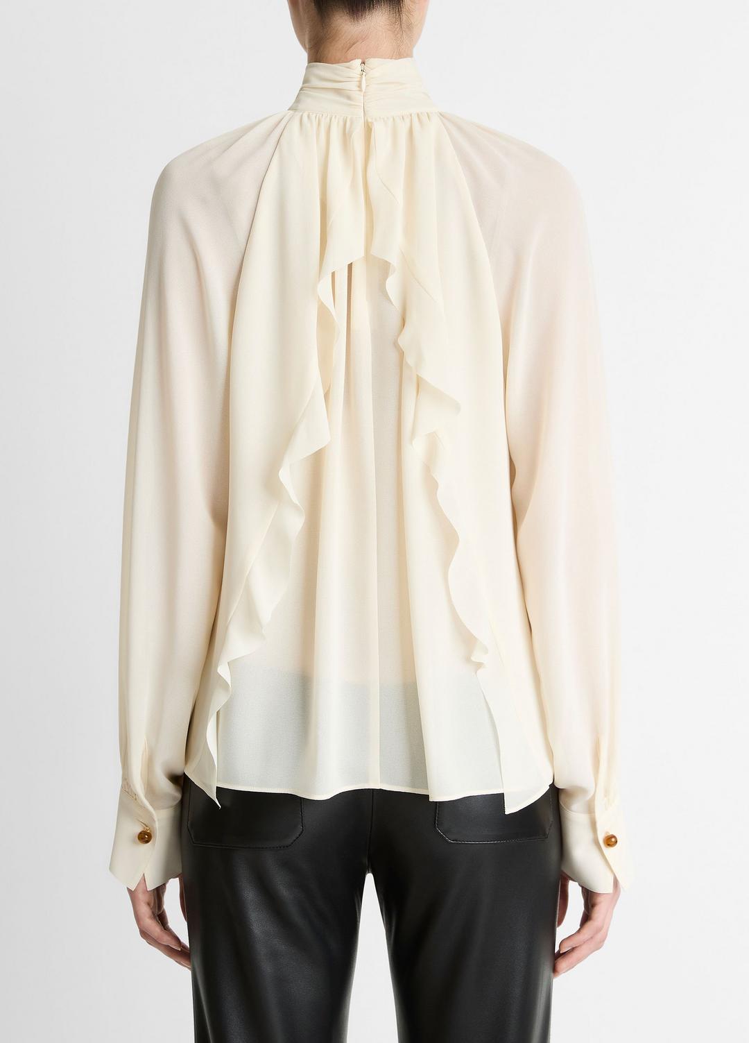 Gathered Draped-Neck Crepe Blouse in Long Sleeve - CREAM