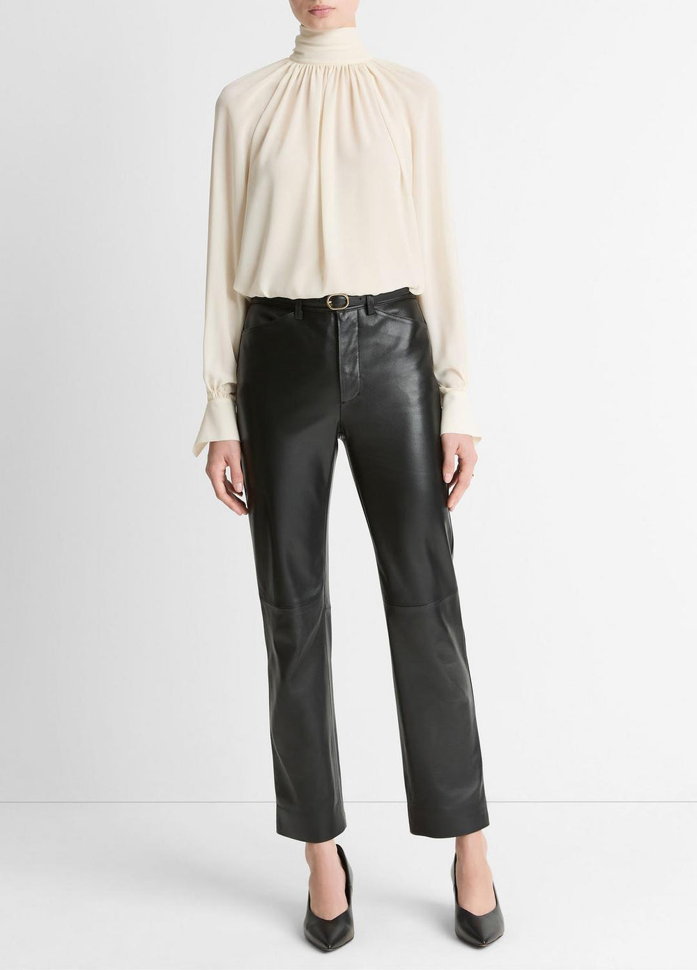 Gathered Draped-Neck Crepe Blouse in Long Sleeve - CREAM