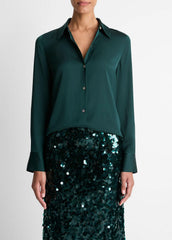 Silk-Blend Slim Button-Front Blouse in Long Sleeve - JUNIPER