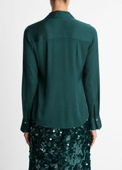 Silk-Blend Slim Button-Front Blouse in Long Sleeve - JUNIPER