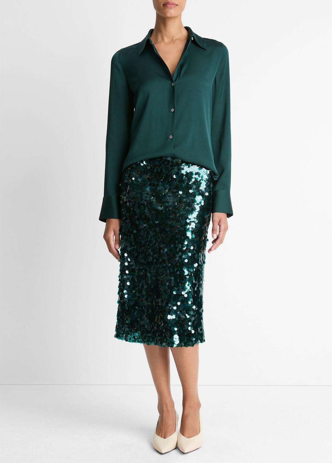 Silk-Blend Slim Button-Front Blouse in Long Sleeve - JUNIPER