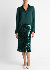 Silk-Blend Slim Button-Front Blouse in Long Sleeve - JUNIPER