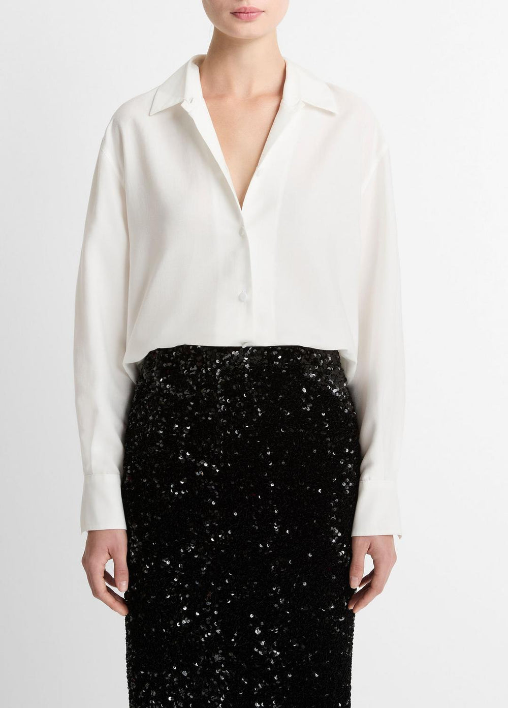 Refined Twill Covered-Button Shirt in Long Sleeve - LIGHT CREAM